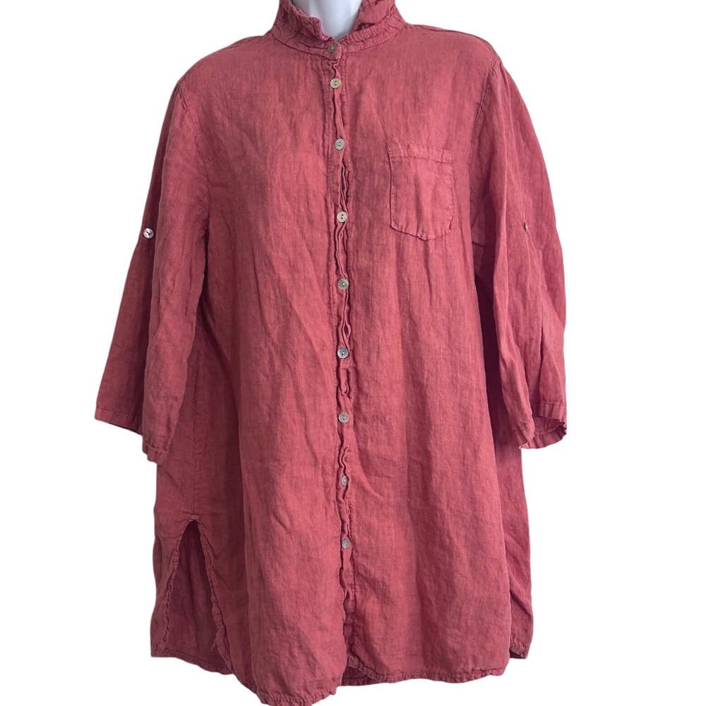 Tempo Paris Women's L Linen Tunic Shirt Dress Red Roll Tab Sleeve Button Down